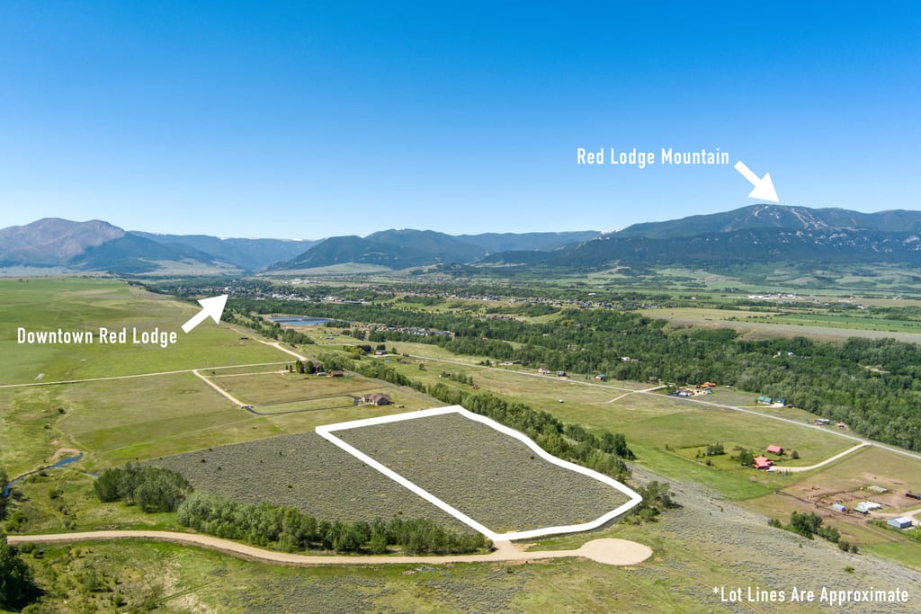 Aerial of Lot 3 with approximate boundary outline and labels locating downtown Red Lodge and Red Lodge Mountain